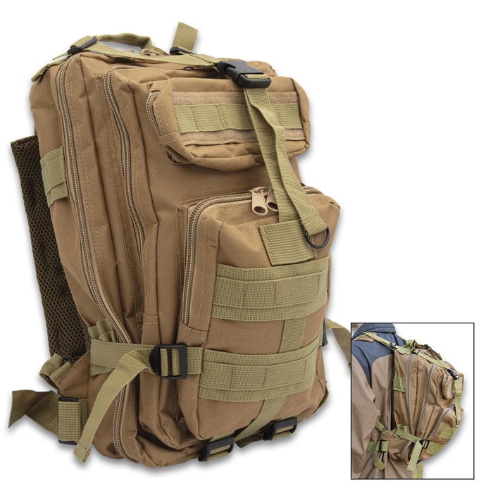 Full image of the tan OPS Tactical Assault Backpack.
